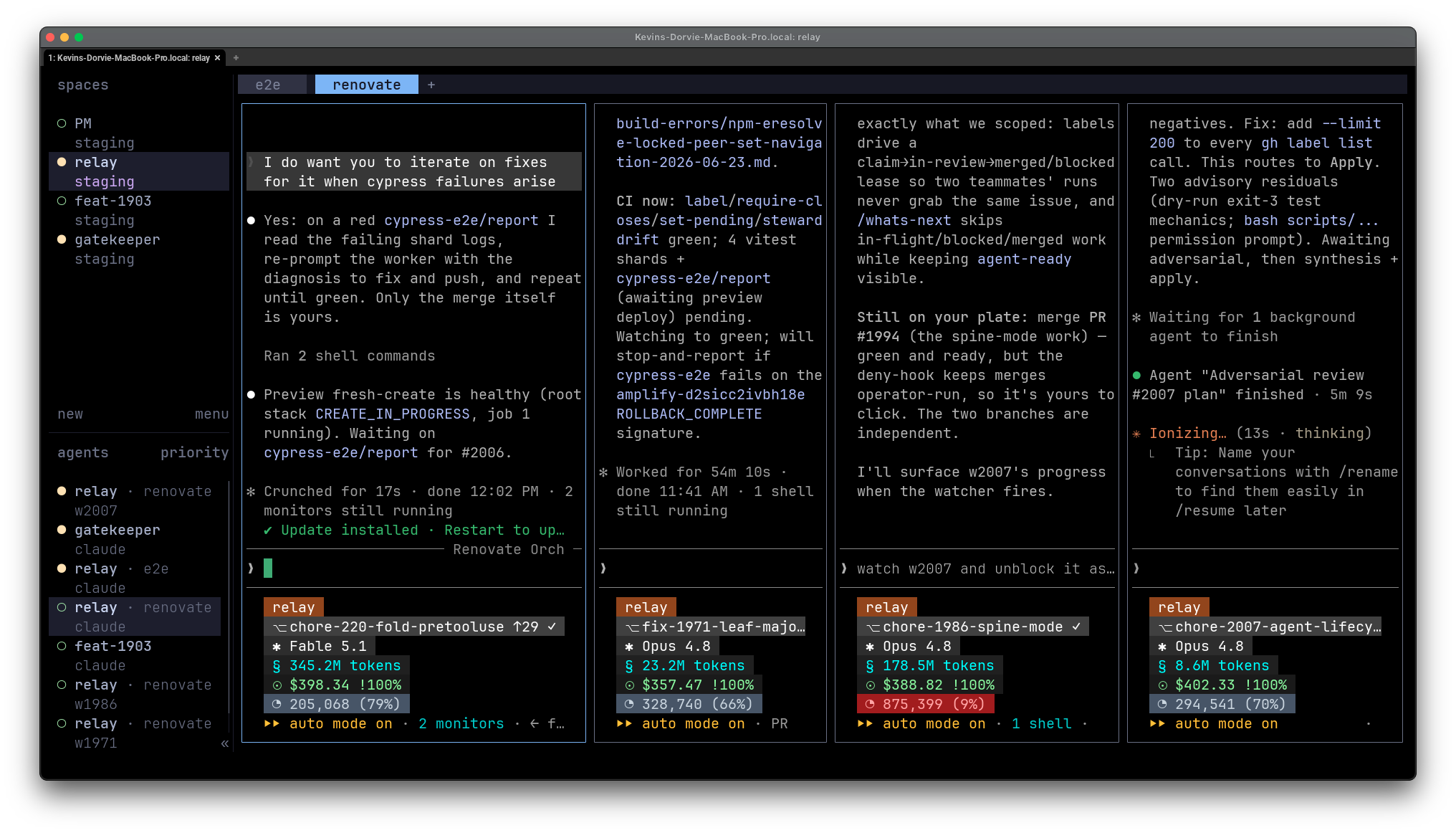 herdr board: four agents running side by side on the relay project, each on its own branch, with token counts, cost, and context usage under every pane
